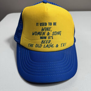 Vintage Trucker Hat Funny Slogan Cap – Beer Old Lady & TV Blue Yellow Mesh
